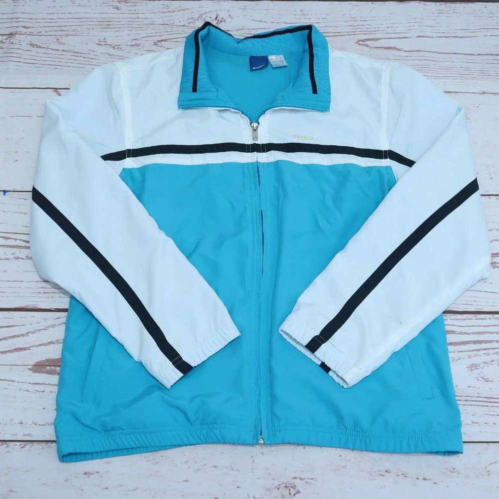 NEW Reebok Blue & White Color Block Windbreaker Jacket Women Size Large